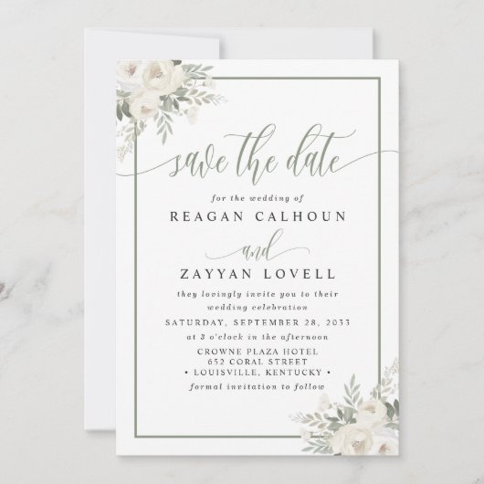 Ivoor en salie Elegant Floral Save The Date Kaart (Voorkant)