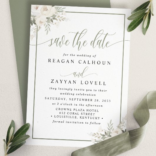 Ivoor en salie Elegant Floral Save The Date Kaart