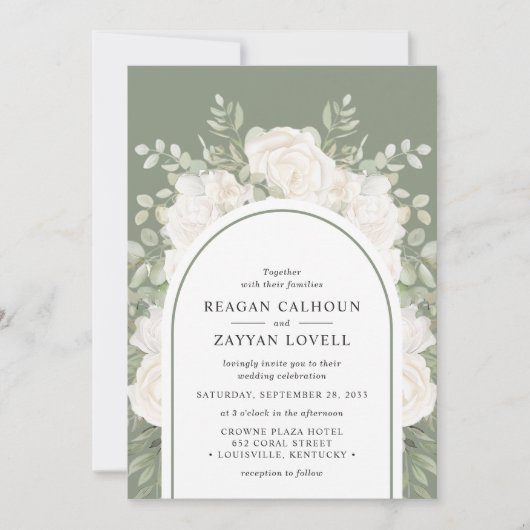 Ivoor en Salie Elegante Boog Bloemen Bruiloft Kaart (Voorkant)