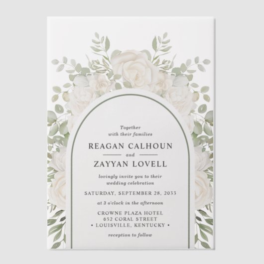 Ivoor en Salie Elegante Boog Bloemen Bruiloft Vellum Uitnodigingen (Voorkant)