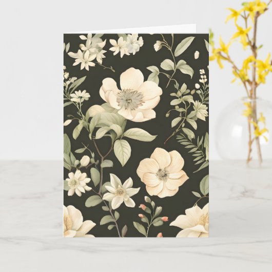 Ivoor en Salie Groene Bloemen op Zwart Kaart (Gele Bloem)