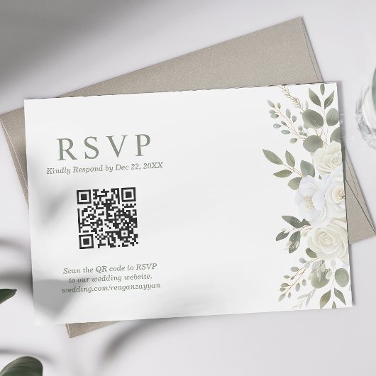 Ivoor en Salie QR Code Bloem Bruiloft RSVP Kaart