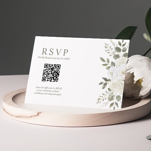 Ivoor en salie QR Code Bloemen bruiloft RSVP Kaart