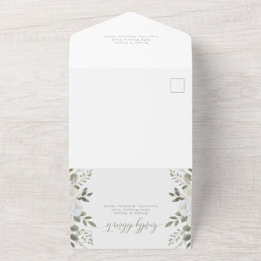 Ivoor en salie verfijnde bloemenbruiloft all in one uitnodiging (Buitenkant)
