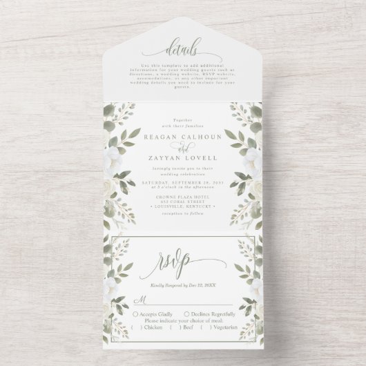 Ivoor en salie verfijnde bloemenbruiloft all in one uitnodiging (Binnen)