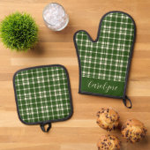 Ivoor en Smaragd Groen Plaid Patroon Ovenwant & Pannenlap Set (Top down)