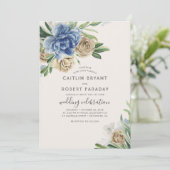 Ivoor en Stoffig Blauw Bloemen Rustiek Land Bruilo Kaart (Staand voorkant)