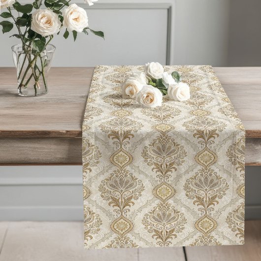 Ivoor en Taupe Victoriaans Damask Tafelaccent Lange Tafelloper