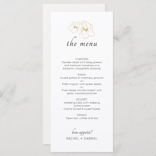 Ivoor en wit | Chic Faux Gold Floral Wedding Menu (Voorkant / Achterkant)