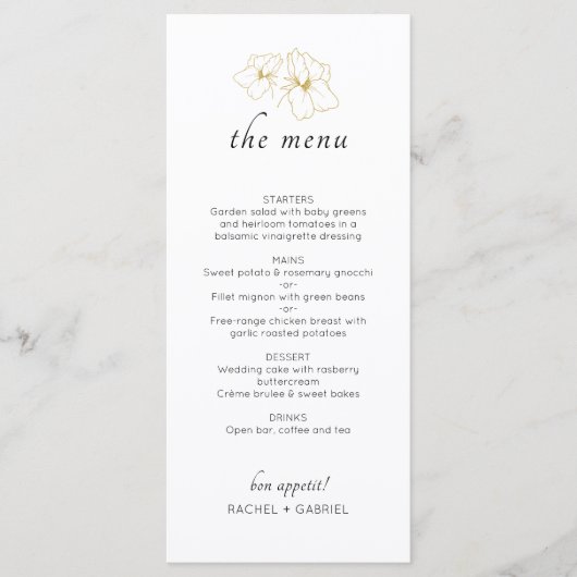 Ivoor en wit | Chic Faux Gold Floral Wedding Menu (Voorkant)