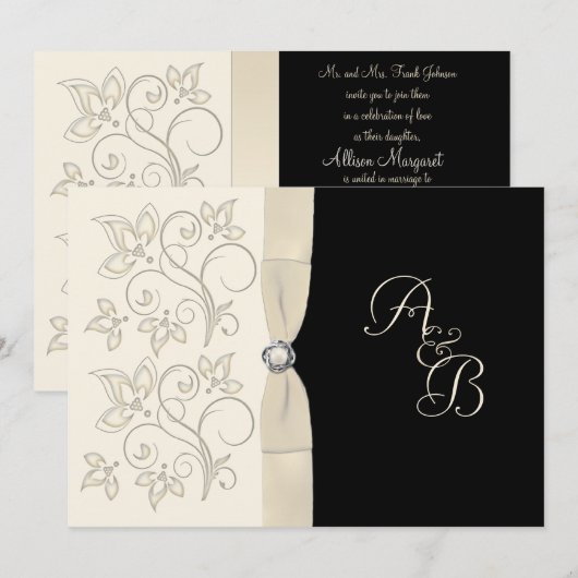 Ivoor en zwart met Pearl Love Knot uitnodiging (Voorkant / Achterkant)