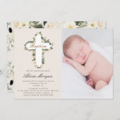 ivoor floral cross - baptisme foto uitnodiging (Voorkant / Achterkant)