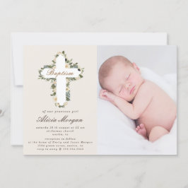 ivoor floral cross - baptisme foto uitnodiging