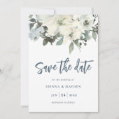 Ivoor Floral Navy Blue Save The Date Kaart (Voorkant)
