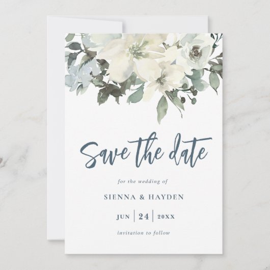 Ivoor Floral Navy Blue Save The Date Kaart (Voorkant)