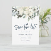 Ivoor Floral Navy Blue Save The Date Kaart (Staand voorkant)