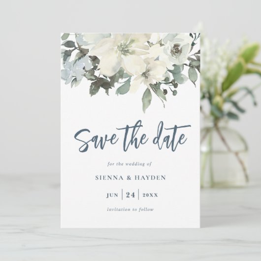 Ivoor Floral Navy Blue Save The Date Kaart (Staand voorkant)