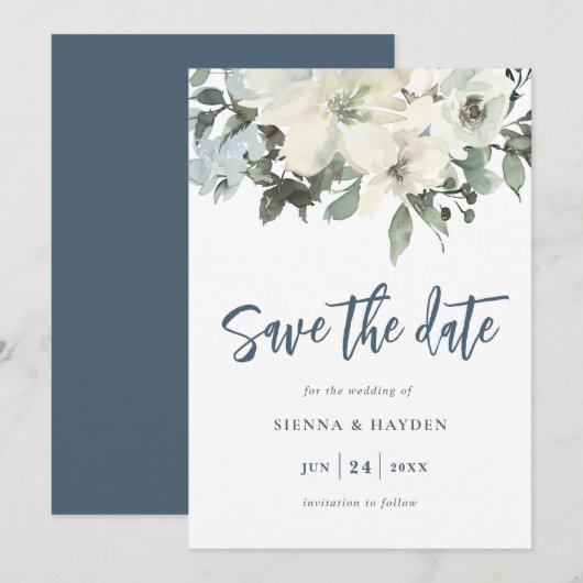 Ivoor Floral Navy Blue Save The Date Kaart (Voorkant / Achterkant)