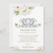 Ivoor Floral Twin Meisjes Olifant Baby shower Foto Bedankkaart (Voorkant)