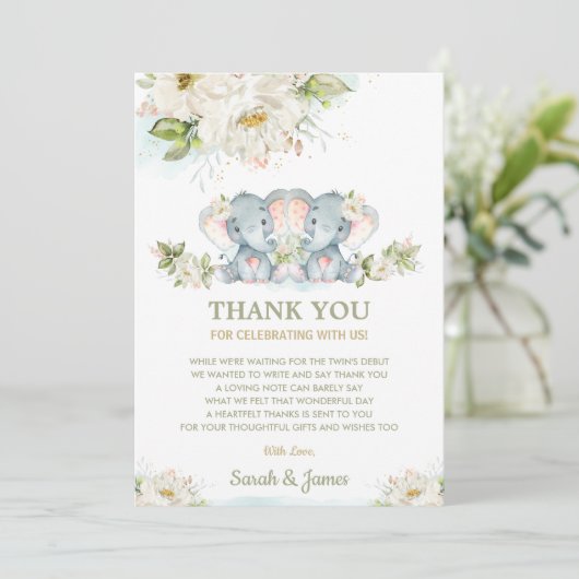 Ivoor Floral Twin Meisjes Olifant Baby shower Foto Bedankkaart (Staand voorkant)