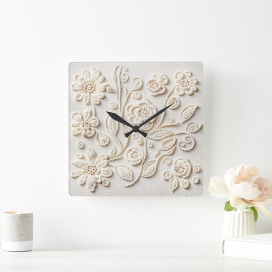  ivoor geborduurd bloemontwerp vierkante klok (Huis)