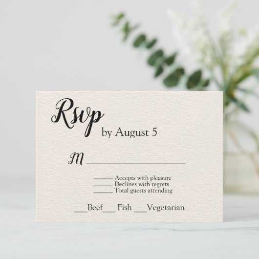 Ivoor getextureerde bruiloft RSVP met menu keuze (Staand voorkant)