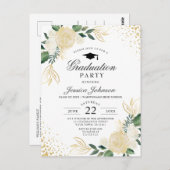 Ivoor Golden Floral Graduation Party Uitnodiging (Voorkant / Achterkant)