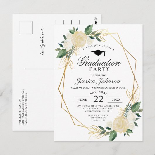 Ivoor Golden Floral Graduation Party Uitnodiging (Voorkant / Achterkant)