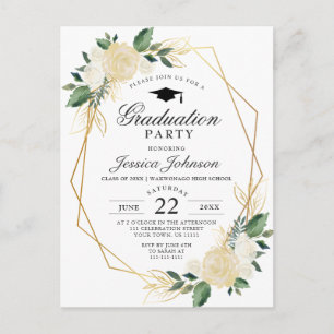 Ivoor Golden Floral Graduation Party Uitnodiging