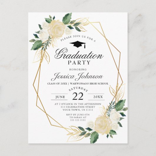 Ivoor Golden Floral Graduation Party Uitnodiging (Voorkant)