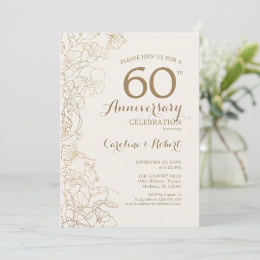 Ivoor Goud Bloem 60ste Verjaardag Kaart (Staand voorkant)
