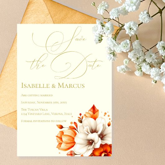 Ivoor & Goud Bloemen Save the Date Wedding Kaart