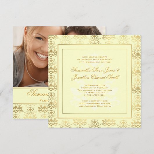 Ivoor & Goud Damaskus Fotohuwelijksuitnodiging Kaart (Voorkant / Achterkant)