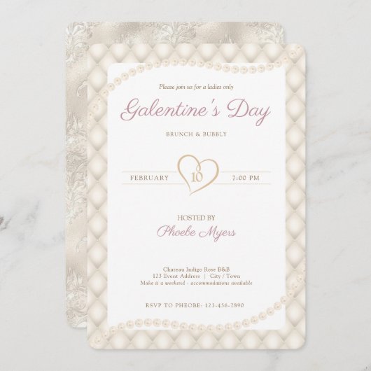 Ivoor, Goud, en Parels Galentine's Party Kaart (Voorkant / Achterkant)