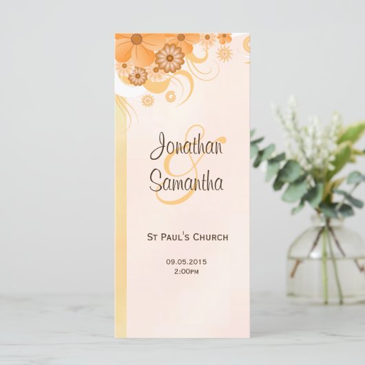 Ivoor Goud en Perzik Bloemen Slim Bruiloft Program Programmakaart (Staand voorkant)