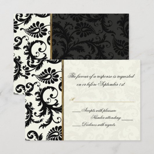 Ivoor, Goud, en Zwarte Damask Antwoordapparaat Kaa RSVP Kaartje (Voorkant / Achterkant)