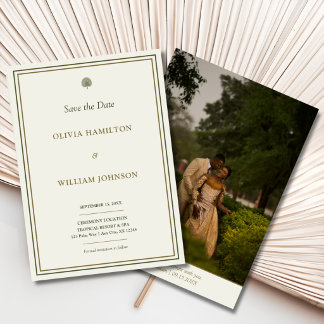 Ivoor & Goud Palm Foto Achterkant Huwelijk Opslag Save The Date