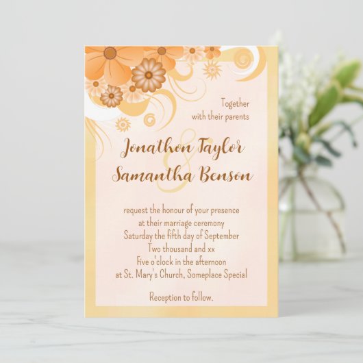 Ivoor Goud & Perzik Hibiscus Bloemen Elegant Invit Kaart (Staand voorkant)