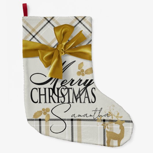 Ivoor & Goud Plaid Rendier & Naam Vrolijk Kerstfee Grote Kerstsok (Voorkant)