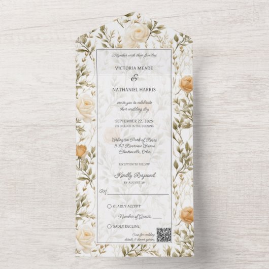  Ivoor & Goud Rozen QR Code All In One Uitnodiging (Binnen)