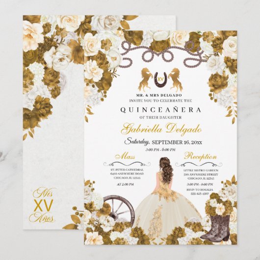 Ivoor & Goud Western Charro Cowgirl Quinceanera Kaart (Voorkant / Achterkant)