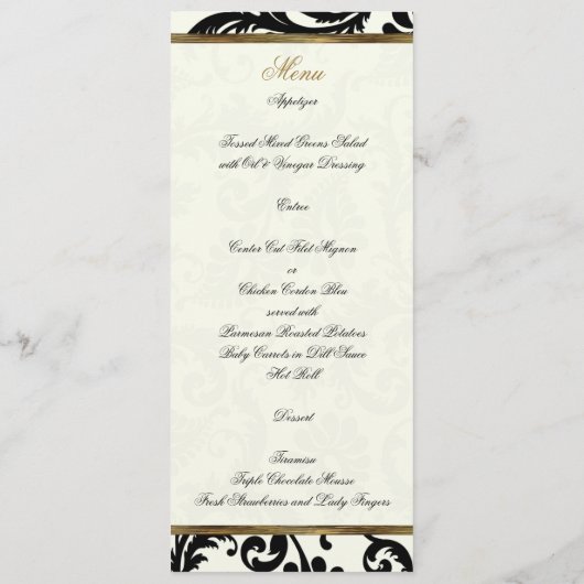 Ivoor, Goud, Zwart Damast Bruiloft Menu Kaart (Achterkant)