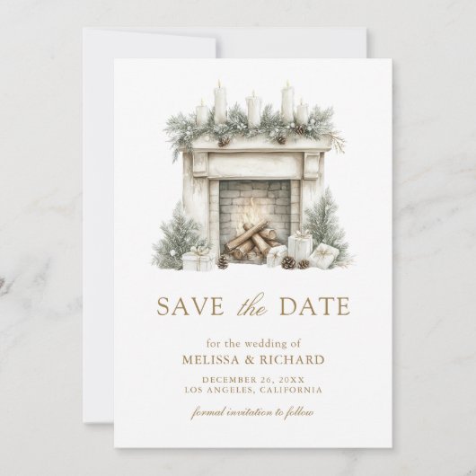 Ivoor Gouden Kerst Open Haard Bow Foto Huwelijk Save The Date (Voorkant)