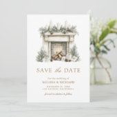 Ivoor Gouden Kerst Open Haard Bow Foto Huwelijk Save The Date (Staand voorkant)