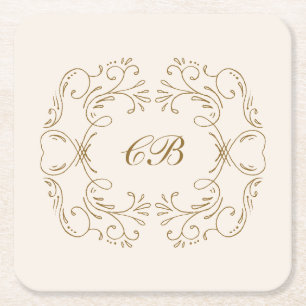 Ivoor Gouden Monogram Bloemstuk Bruiloftsbar Kartonnen Onderzetters