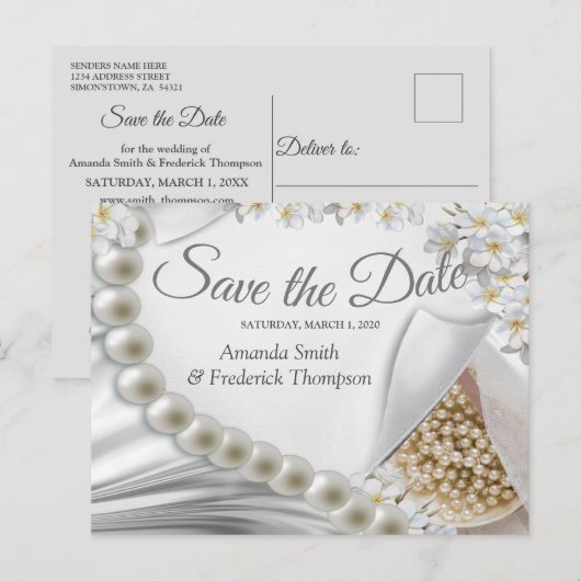 Ivoor, Groen, Blauw, Goud Zijde & Parels Bewaar de Aankondigingskaart (Voorkant / Achterkant)