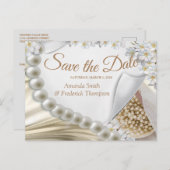 Ivoor, Groen, Blauw, Goud Zijde & Parels Bewaar de Aankondigingskaart (Voorkant / Achterkant)