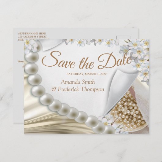 Ivoor, Groen, Blauw, Goud Zijde & Parels Bewaar de Aankondigingskaart (Voorkant / Achterkant)