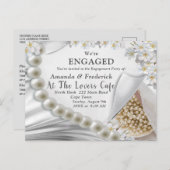 Ivoor, Groen, Blauw, Goud Zijde & Parels Verloving Uitnodiging Briefkaart (Voorkant / Achterkant)