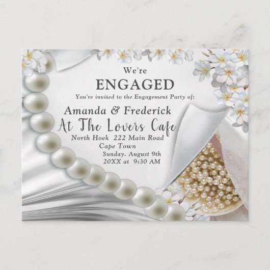 Ivoor, Groen, Blauw, Goud Zijde & Parels Verloving Uitnodiging Briefkaart (Voorkant)